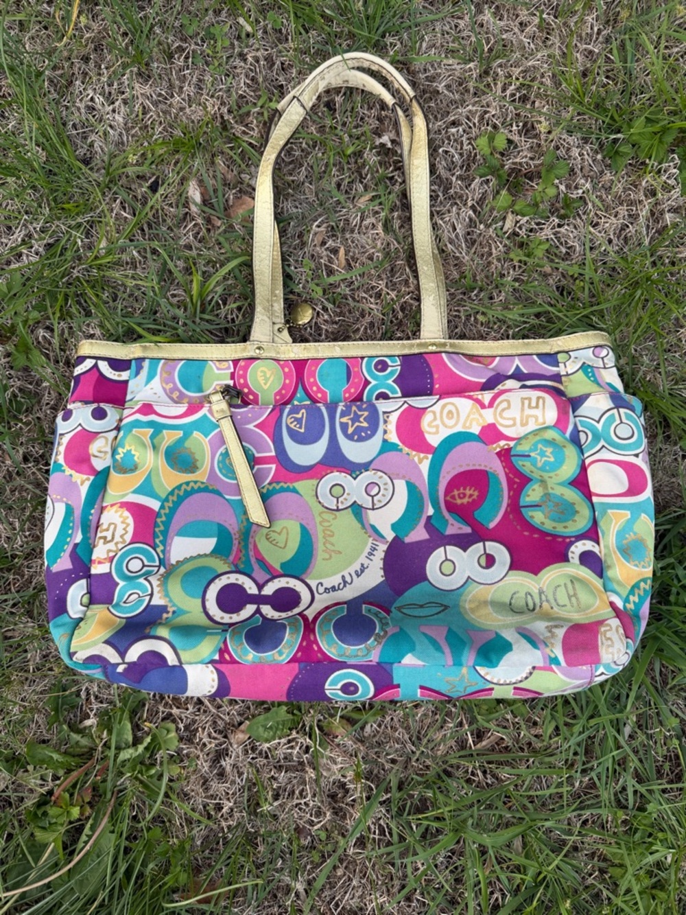 COACH Purple Multicolor Signature Print Tote with Gold Trim - Picture 15 of 15